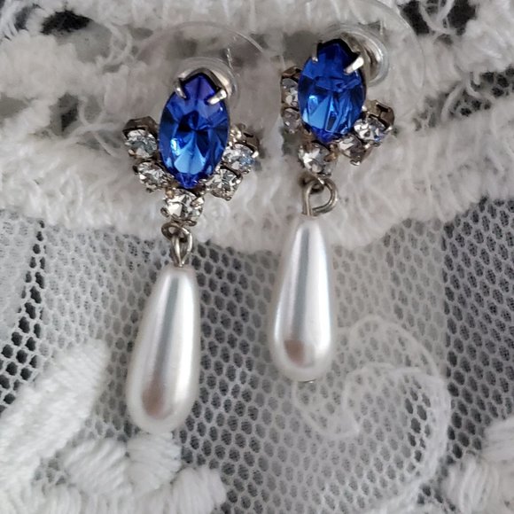 Sapphire Blue Drop Pearl Bridal Earrings - Picture 1 of 4